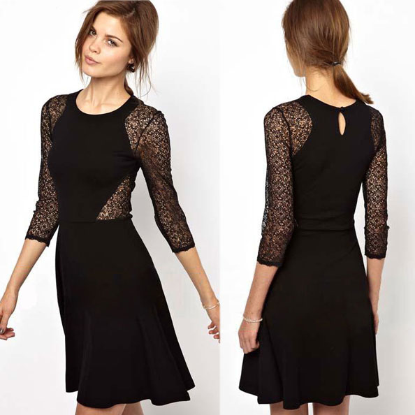 Lace Stitching Black Dress 